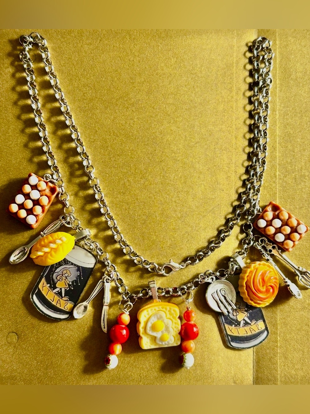 NWOT “Brunch Time!” charm Necklace Eggs, Pastry, Toast & cutlery on silver chain